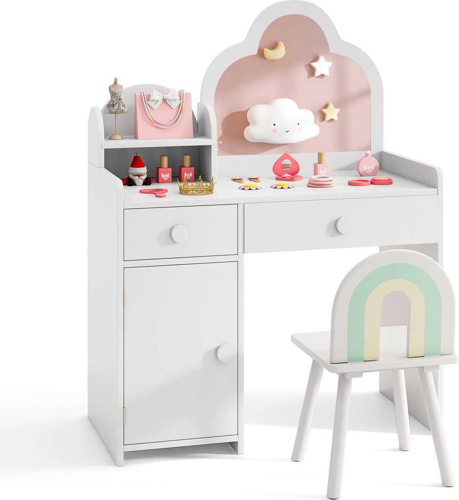 COSTWAY Set aus Schminktisch & Stuhl, Frisiertisch mit Sitzgelegenheit, wolkenförmigem Spiegel, offenem Regal Schrank & Stuhlbeinen von 3–7 Jahren