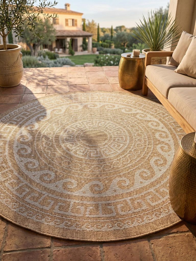 Terrassenteppich Retro Robust Waschbar Strapazierfähig | Rund Beige 200x200 cm Terrasse Garten Schadstoff Saugroboter | KAUNS – Kadima Design