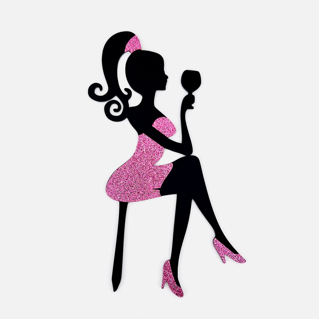 Kuchendeko Geburtstag – 24x14 cm - Dame in Hight Heels - im Brokatkleid – Kuchendekoration - Torten Topper Erhältlich in Acryl & Glitter (Rosa)