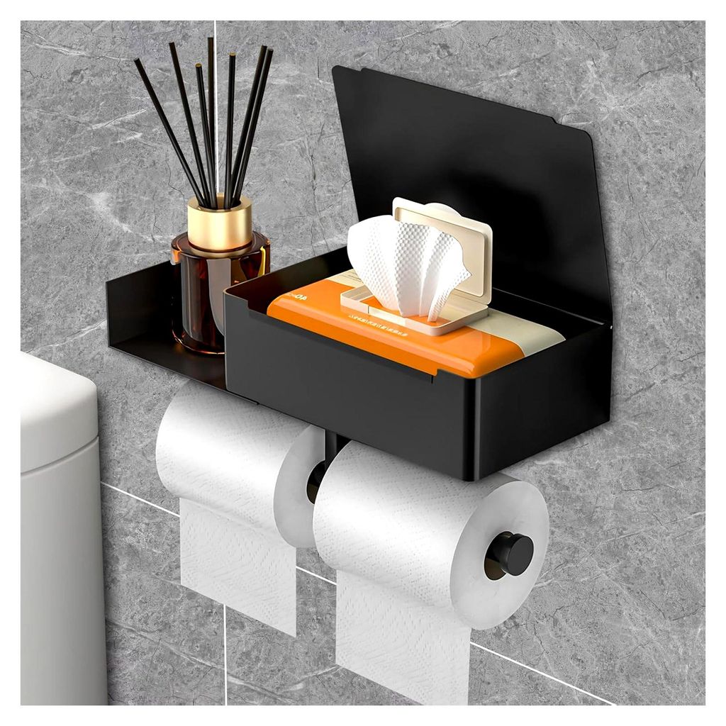 Toilettenpapierhalter ohne Bohren, Klorollenhalter mit 2 Rollenhaltern und feuchttücherbox, mit Ablage für Badezimmer und Küche, Schwarz