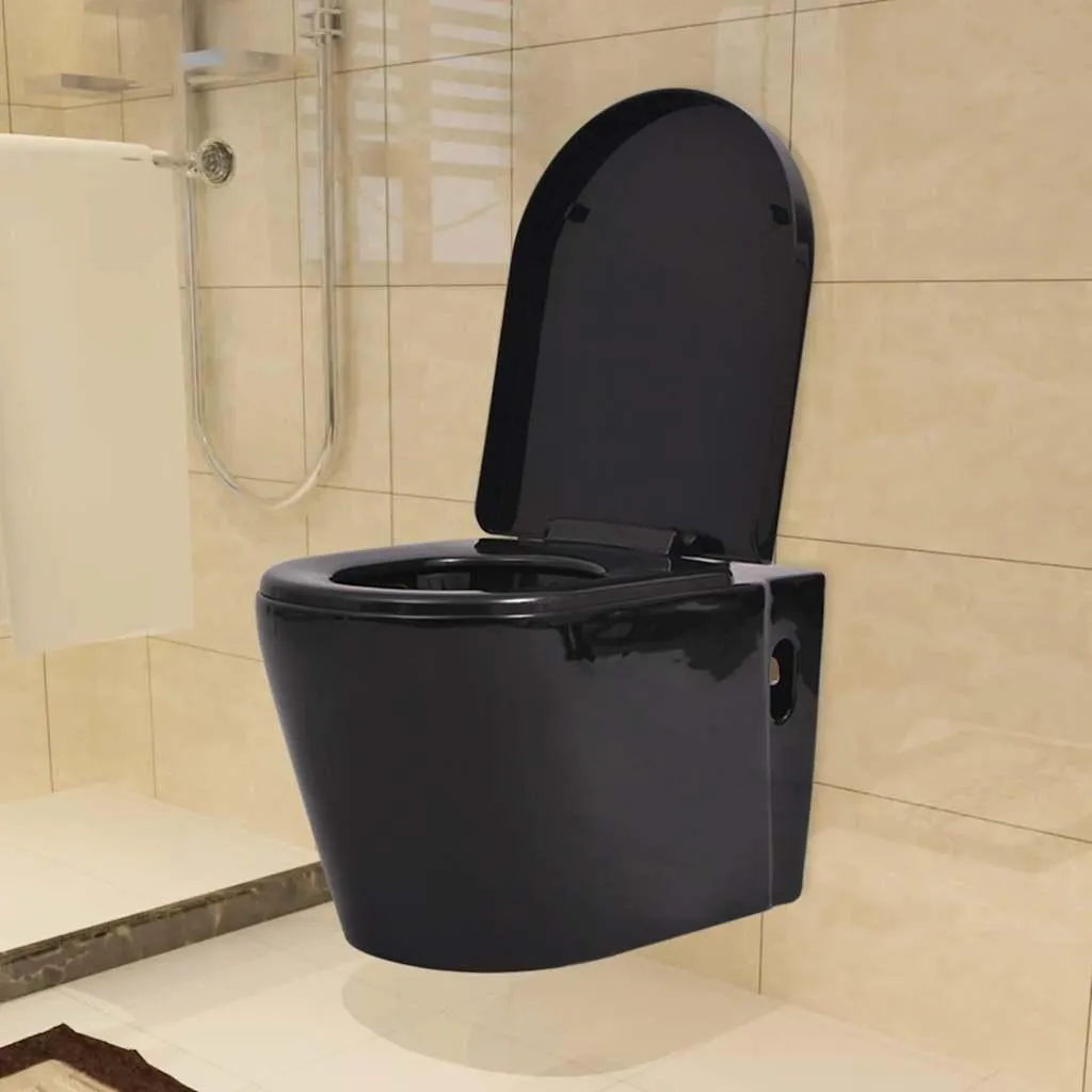 WC suspendu en céramique noire et son bâti-support de chasse d'eau