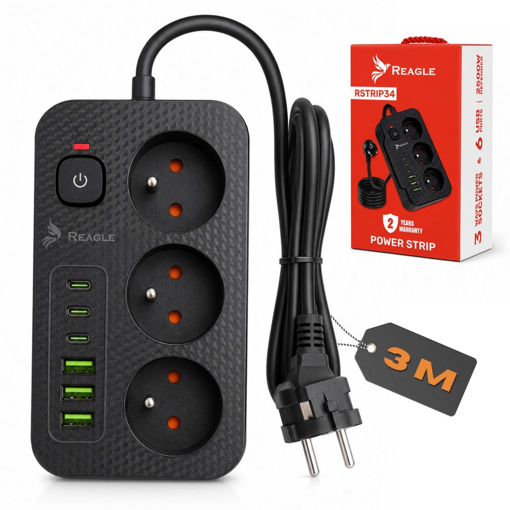 Reagle Ciabatta elettrica 3m 3 prese & 6 USB (3x USB-C), Immagine del prodotto 