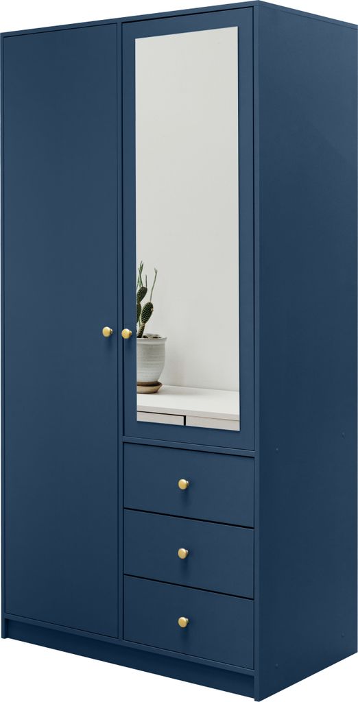 Albello Kleiderschrank mit Spiegel Selly Schlafzimmerschrank Kleiderschrank für das Wohnzimmer Marineblau Golden 100x200x57,5