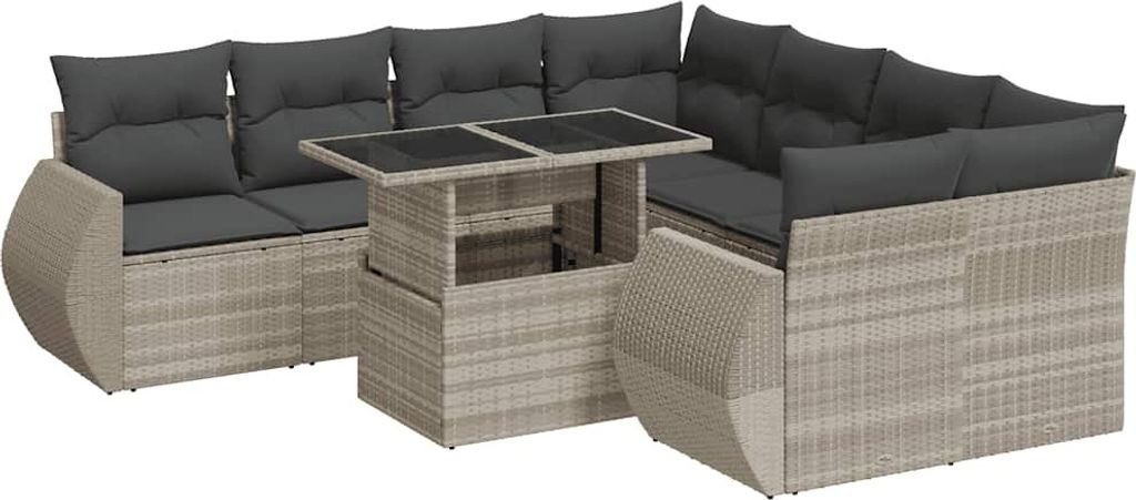 vidaXL 9-tlg. Garten-Sofagarnitur mit Kissen Hellgrau Poly Rattan