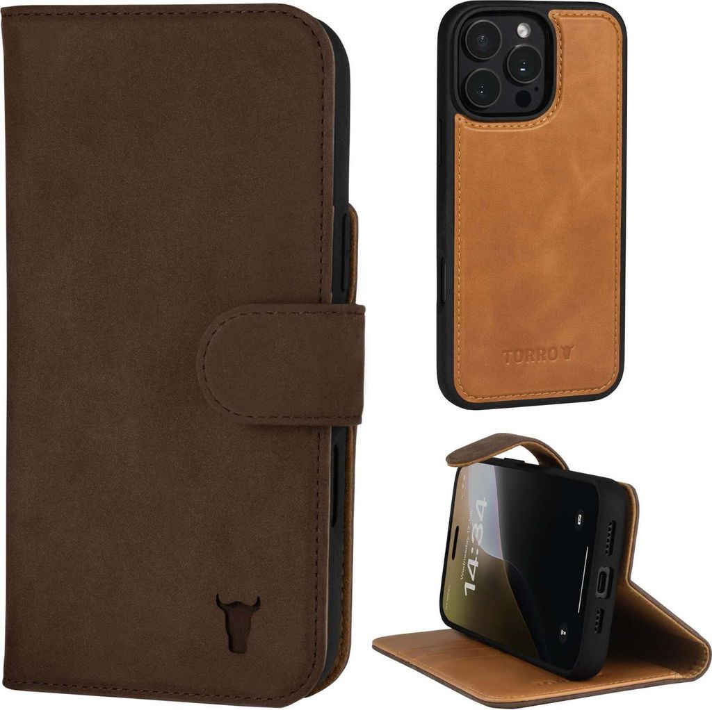 TORRO iPhone 16 Pro Max Leder-Wallet-Case (mit abnehmbarer Hülle und MagSafe-kompatibel) – Nubuck / Dunkelbraun