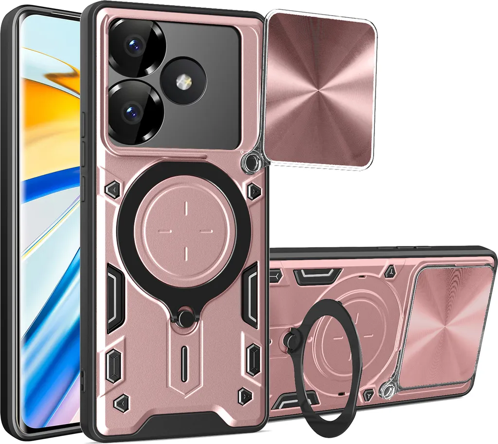 Custodia Xiaomi Poco F6 5G Rosa Professionale con Anello e Protezione Lenti