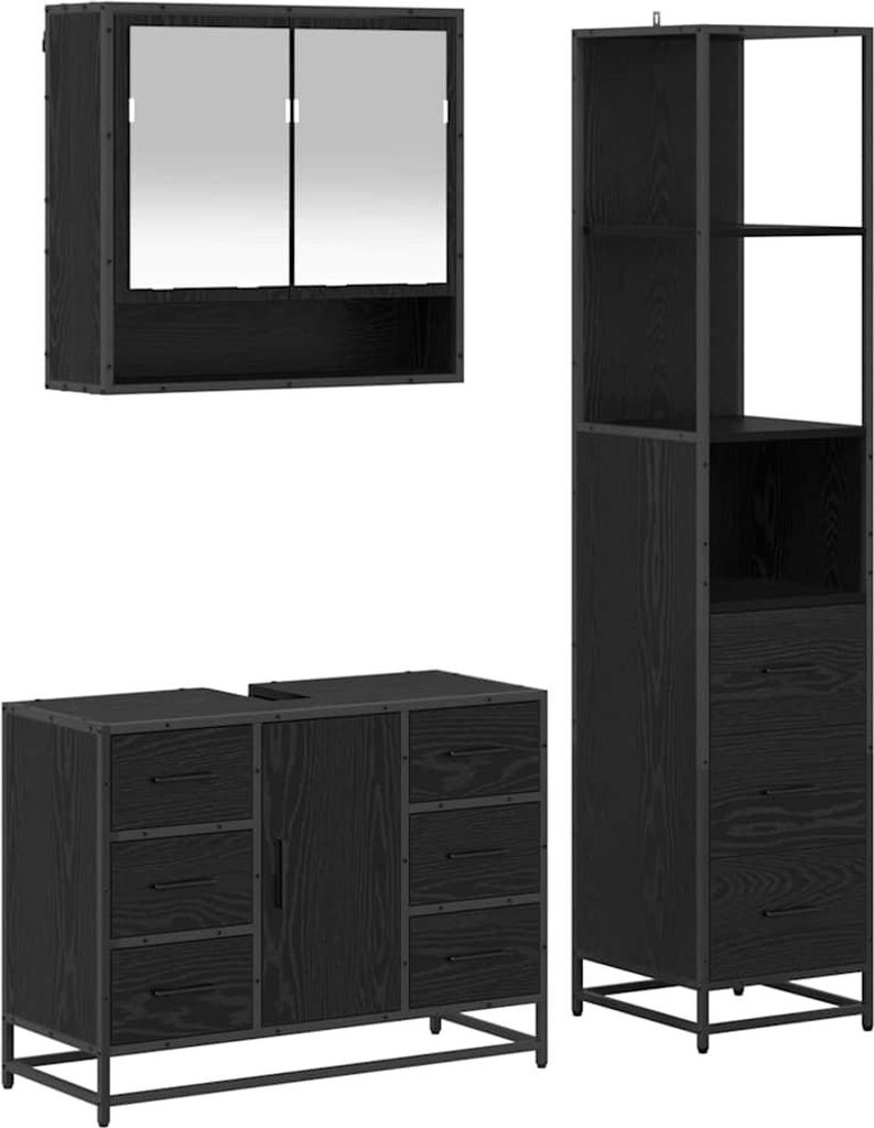 Badezimmermöbel-Set 3 pcs Schwarz Eichen-Optik Holzwerkstoff