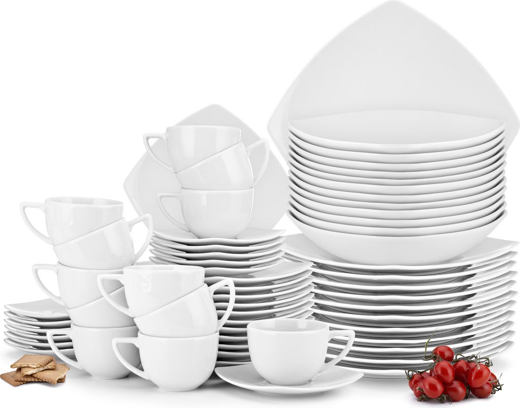 Konsimo Kombiservice CARLINA Abendessen- und Kaffeeset für 12 Personen (60 Stück), Weiß, Porzellan, Italian, 25,5x25,5/20x20/19x19/14/14/180ml