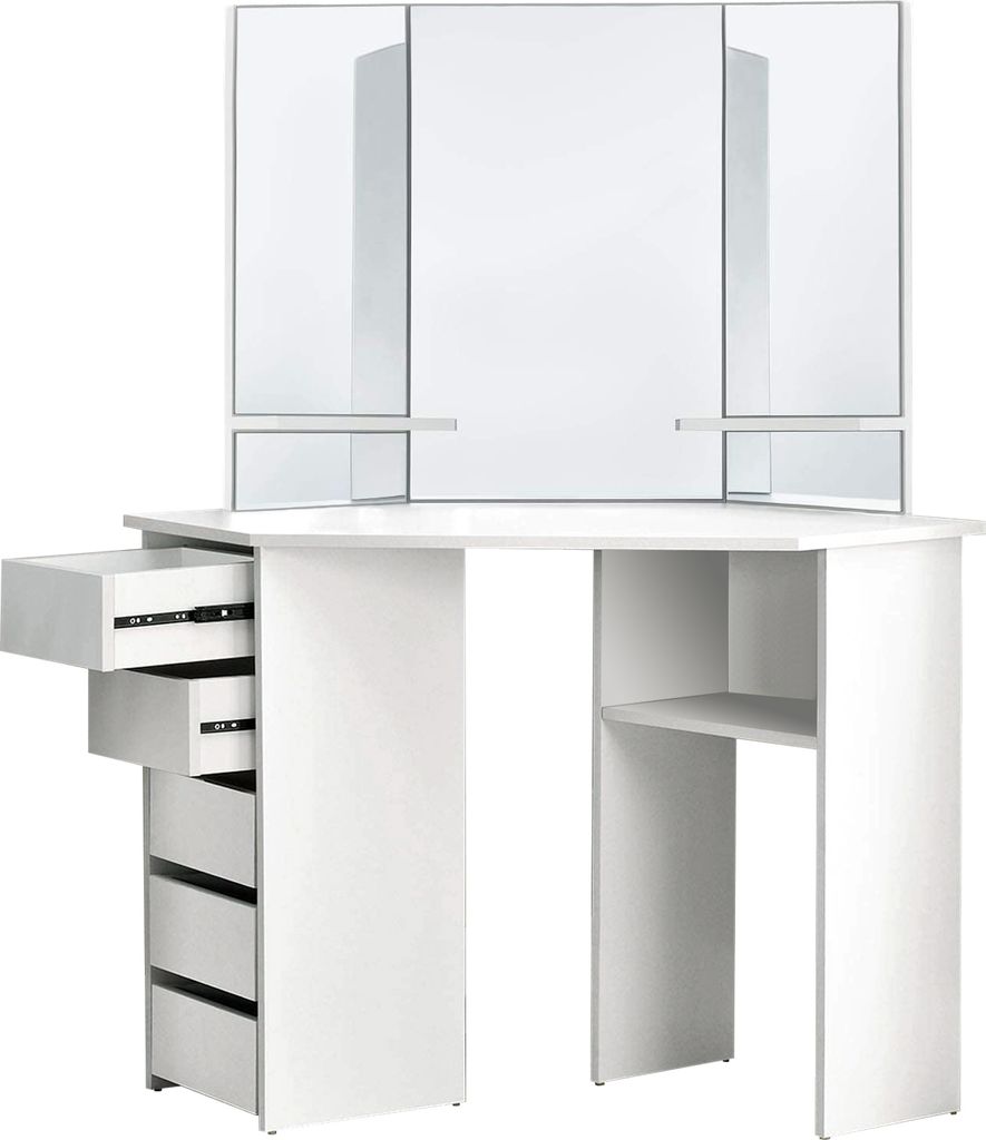 ML-Design Schminktisch Weiß, Frisiertisch mit 3 Spiegel, 5 Schubladen & 3 Ablagefächern, 110x141,5x54 cm, Kosmetiktisch aus MDF Holz