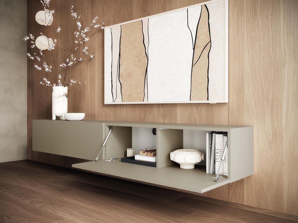 A modern living room with a wall-mounted TV lowboard.