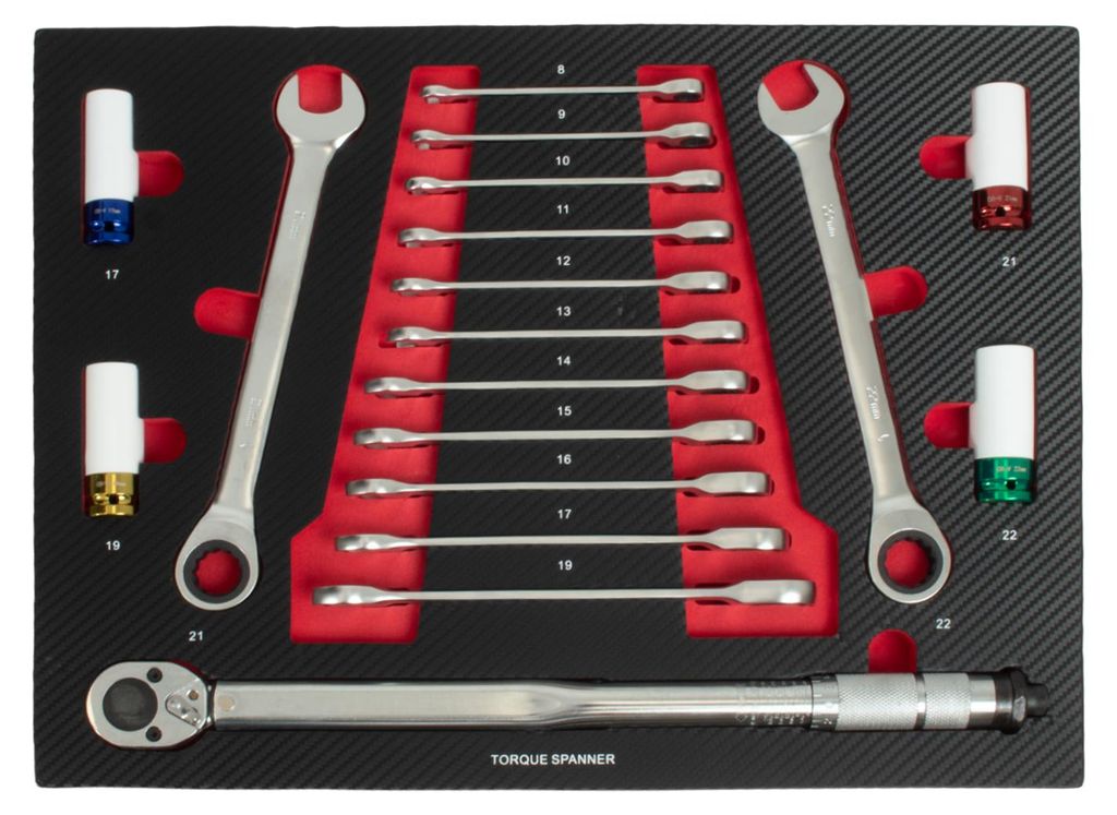Profi Werkstattwagen Einlage Knarren-Ring-Maulschlüssel-Satz + Drehmomentschlüssel + Felgennüsse rot