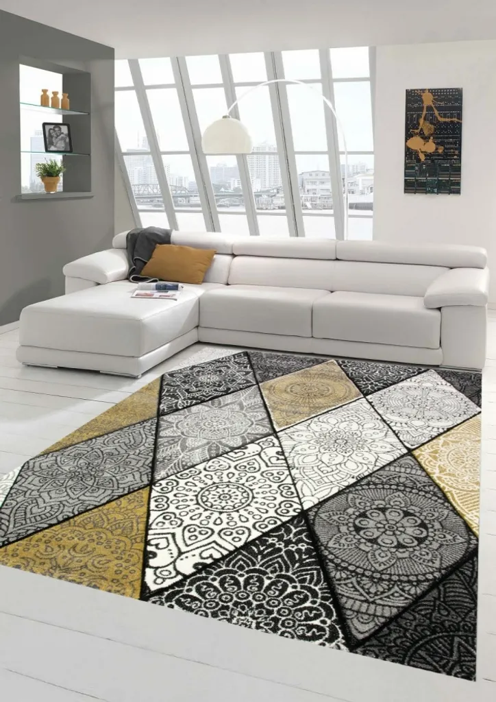 Tapis de salon gris et jaune moutarde à motifs losanges - 80x150 cm