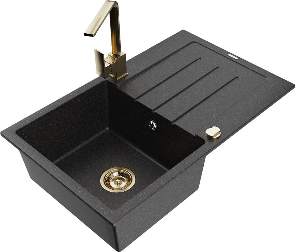 Mexen Bruno 1 Becken-Granitspüle mit Abtropffläche und Mischbatterie Rita, Schwarz/Silbermetallic - 6513-73-670300-50