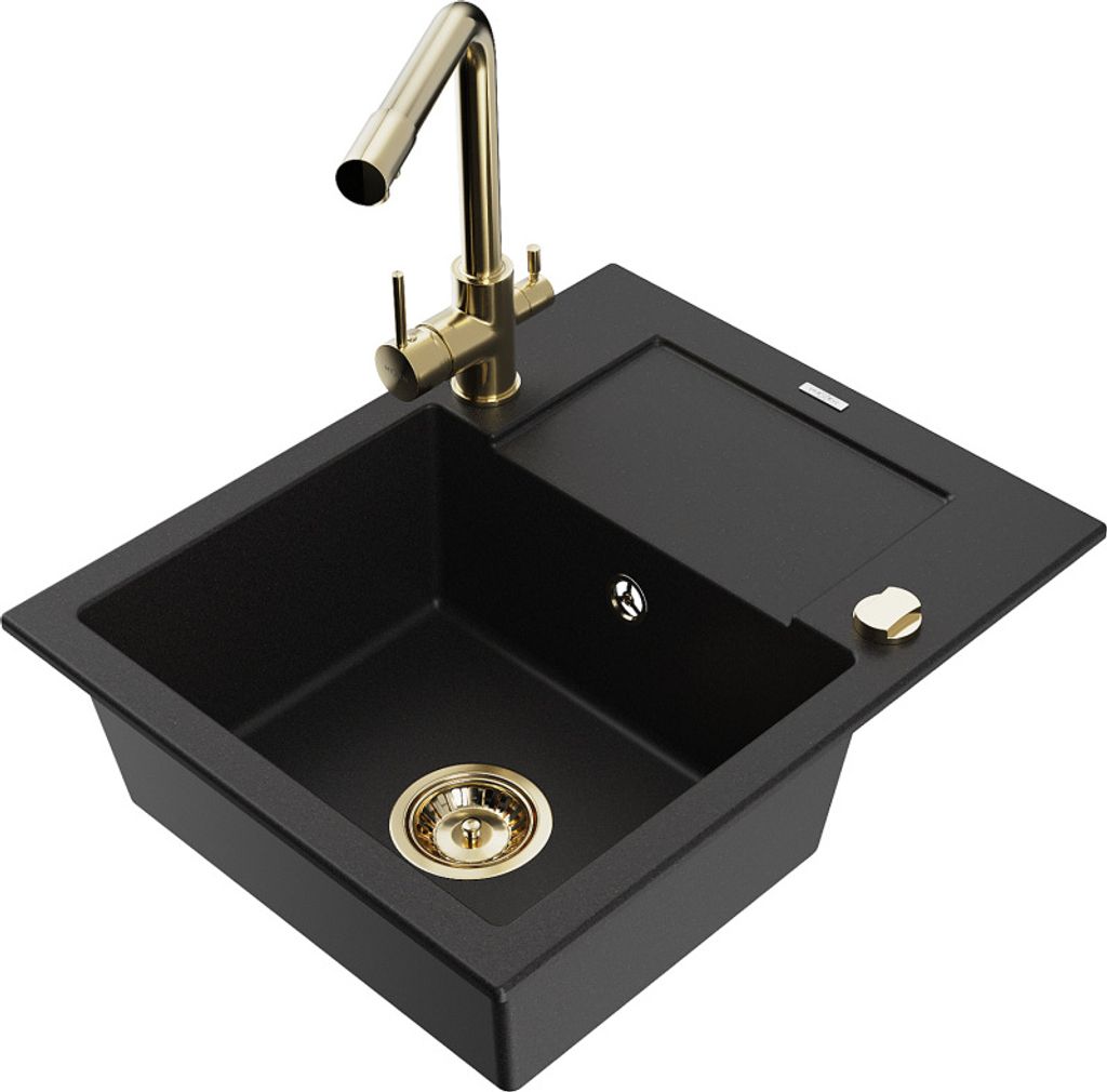 Mexen Enzo 1 Becken-Granitspüle mit Abtropffläche und Mischbatterie Duero, Schwarz - 6506-77-671600-50