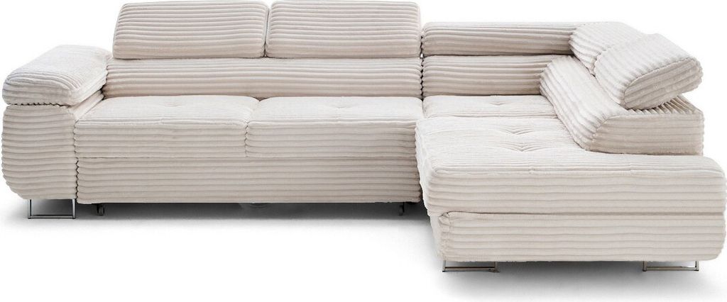 Lisa Design Zaria - Ecksofa rechts 5-Sitzer Schlaffunktion und Bettkasten und Kopfstützen großer geripptem Cord , Beige