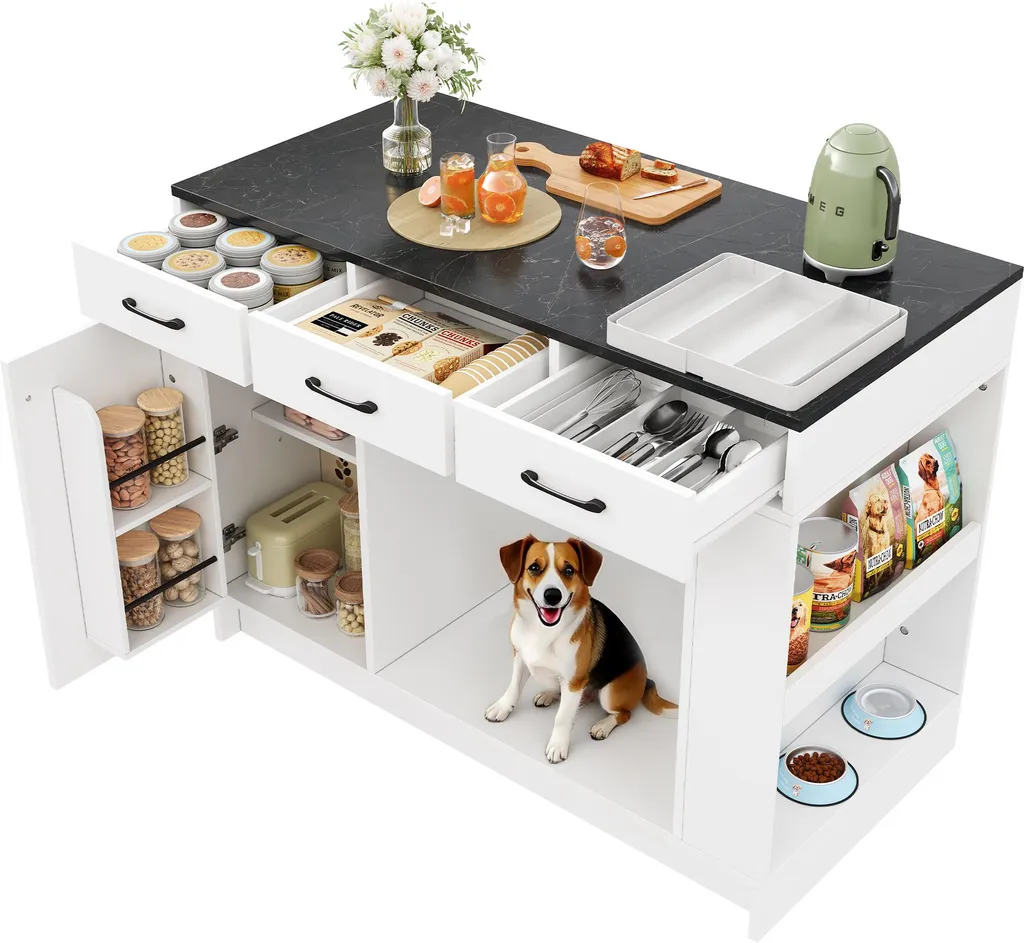 Buffet de Cuisine avec Plan de Travail et Rangement Croquettes Intégré