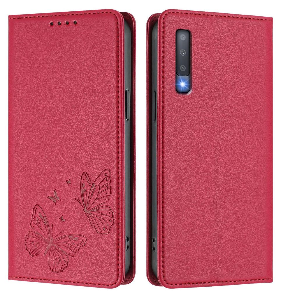 Lederhülle für Samsung Galaxy A7 2018, Schmetterling Prägung Leder Brieftasche Schutzhülle mit Ständer Rot