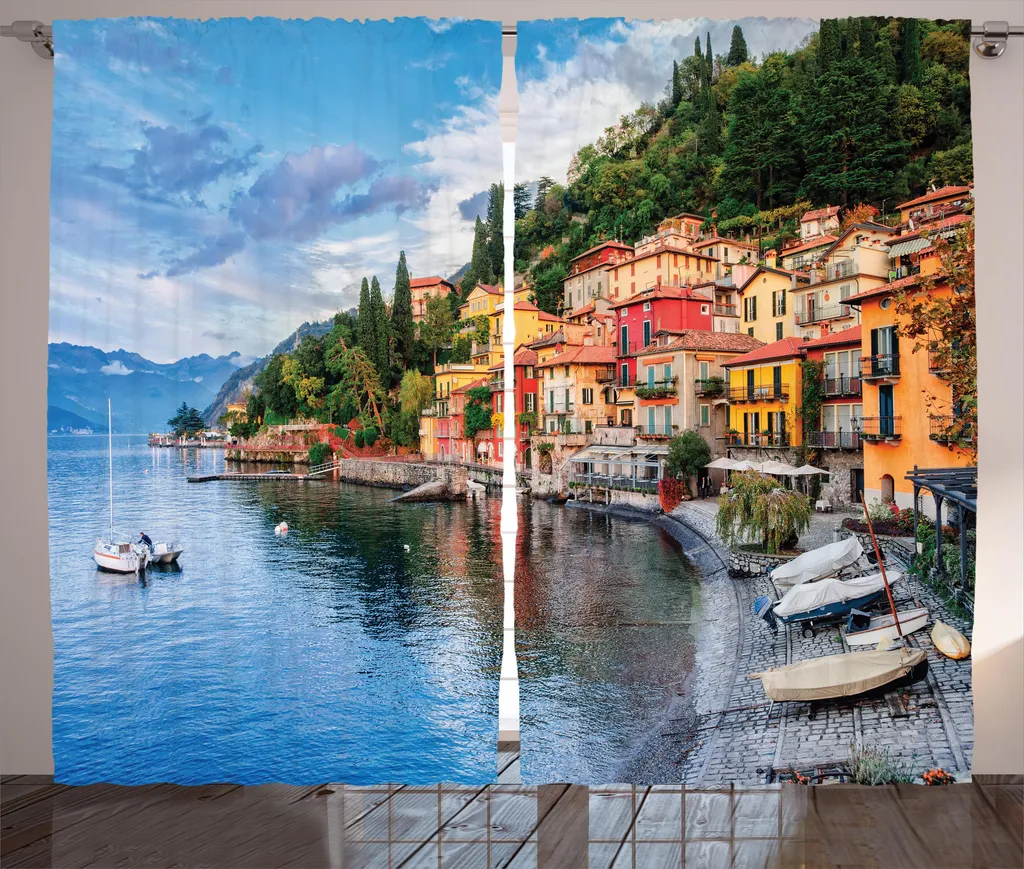 Grand Rideau Imprimé Haute Définition Yacht et Ville Italienne Multicolore