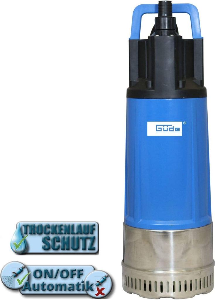 A blue and silver submersible pump with black accents, set against a white background. Two informational badges are visible on the left side.
