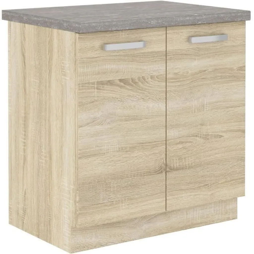 Meuble bas de rangement cuisine 80 cm LASSEN bois chêne avec plateau
