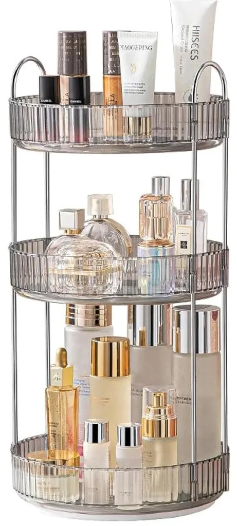 Organisateur de salle de bain rotatif gris pour soins et cosmétiques 3 étages