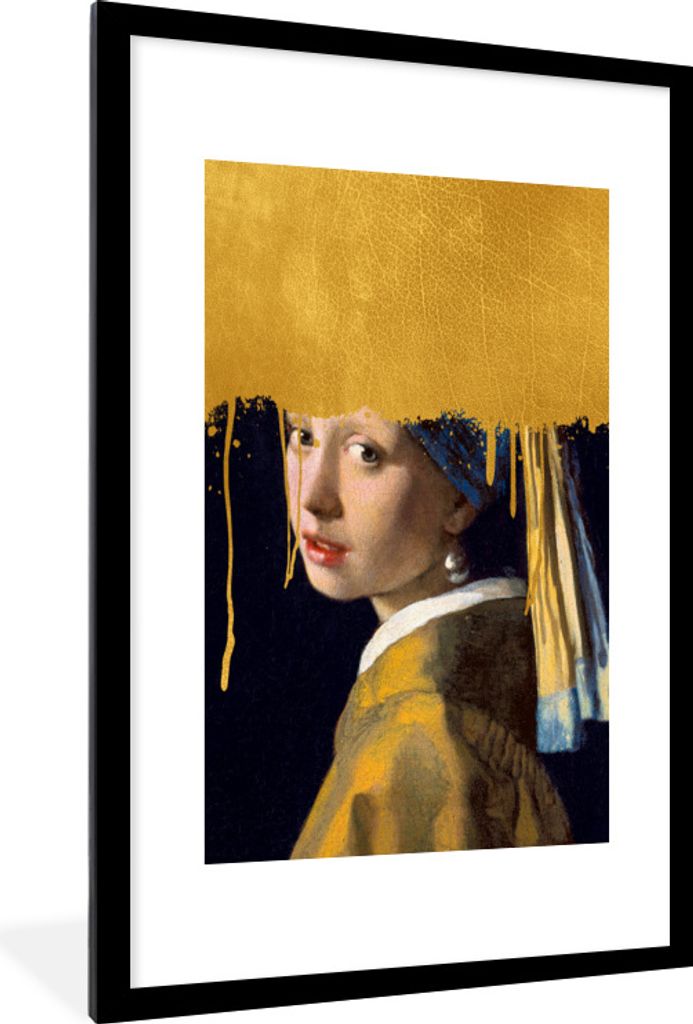 MuchoWow Gerahmtes Poster Mädchen mit einem Perlenohrring - Gold - Johannes Vermeer 60x90 cm - Poster mit Schwarzem Bilderrahmen Wandposter Rahm...