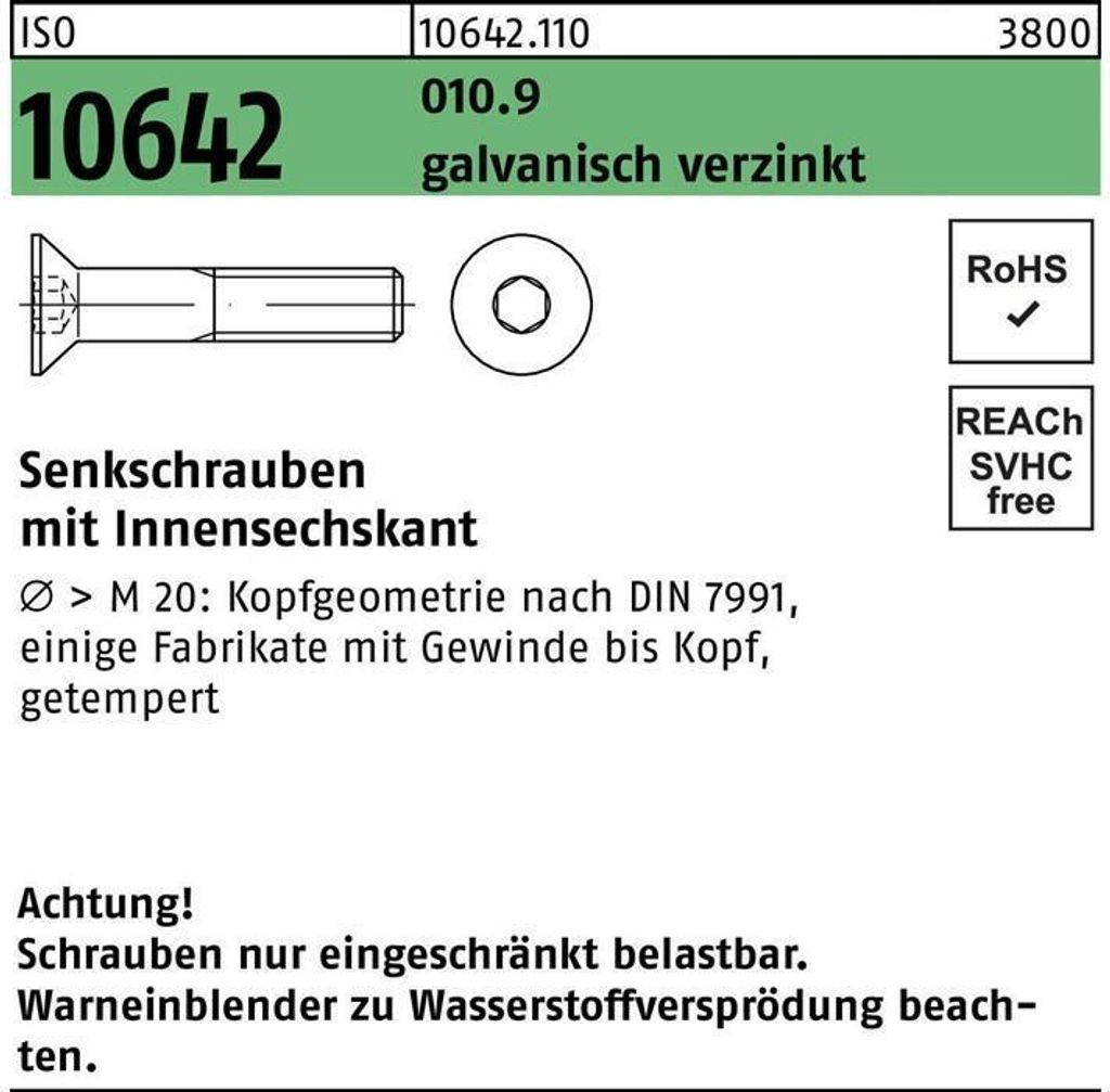 Reyher Senkschrauben ISO 10642 010.9 M 20x100 vz (25 Stück)