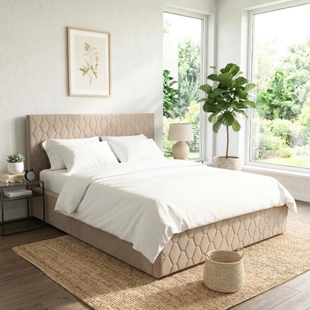 Komvortowy | Polsterbett 140x200 Cm | WABENMUSTER | Doppelbett Mit Metall-Lattenrost & Gasdruckfeder | BEIGE | Bettkasten Ohne Bodenplatte | Staura...