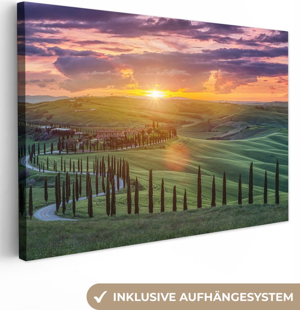 MuchoWow - Leinwandbilder - Italien - Sonnenuntergang - Toskana, Wandbild, Wanddeko Bilder Wohnzimmer, 90x60 cm