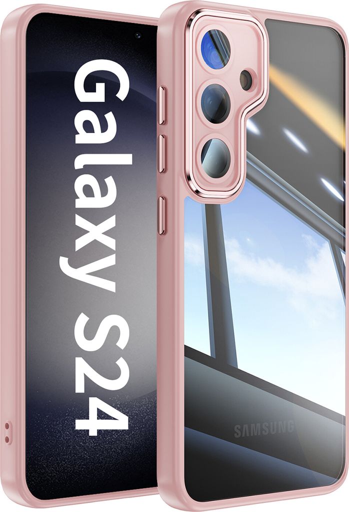 Handyhülle für Samsung Galaxy S24 Hybrid Transparent TPU PC Militärschutz mit Kameraabdeckung Pink
