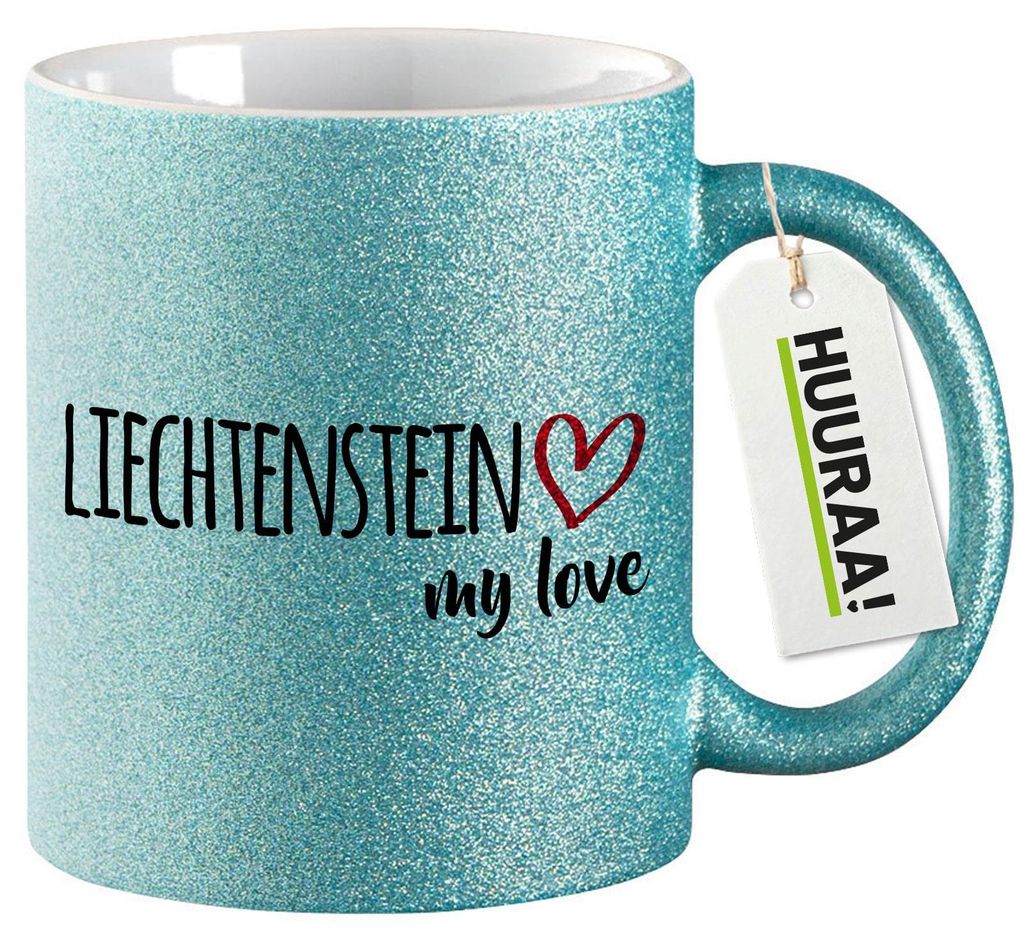 Huuraa Glitzertasse Liechtenstein my love 330ml Blau Keramik Kaffeebecher Geschenkidee