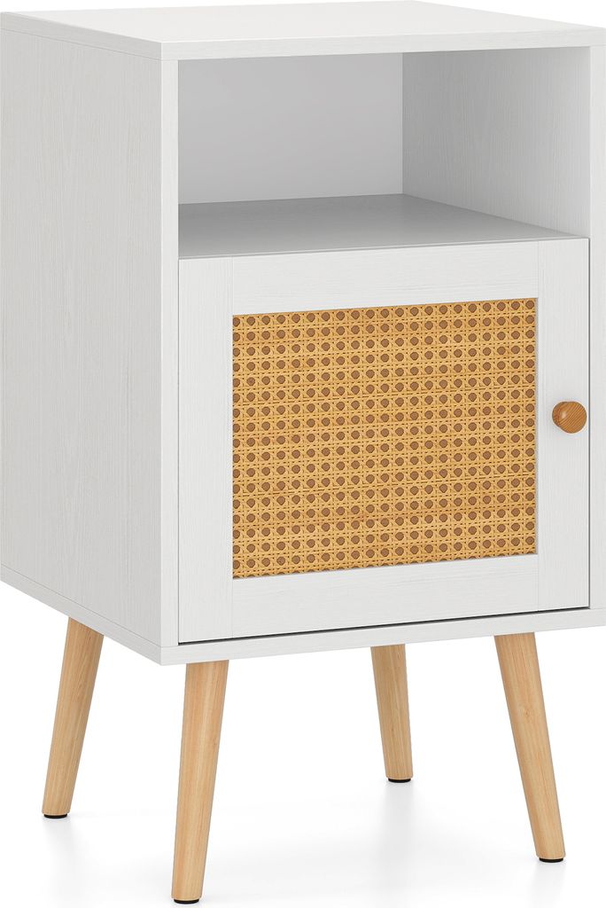 COSTWAY Rattan Nachttisch mit Stauraum, Nachttisch mit offenem Regal & Tür aus PE-Rattan, Beine aus Massivholz, Bauernhausstil Beistelltisch weiß