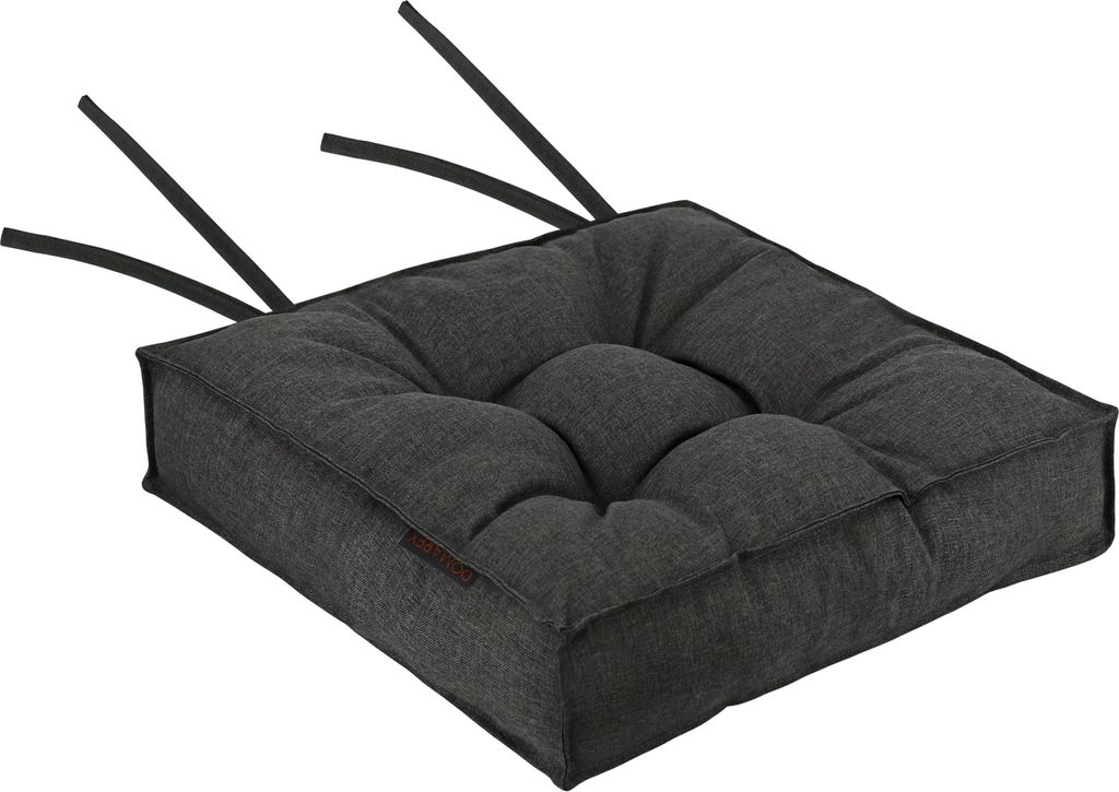A dark gray tufted seat cushion with black ties, shown from a diagonal angle against a white background.