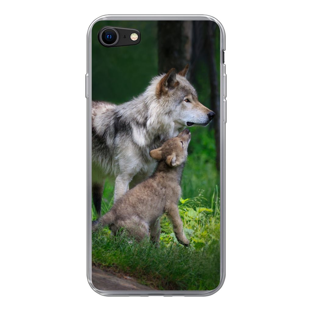 MuchoWow Handyhülle Schutzhülle Hülle für iPhone 7 Wolf - Baby - Wald Silikon Softcase Handy Hülle - Kartenhalter