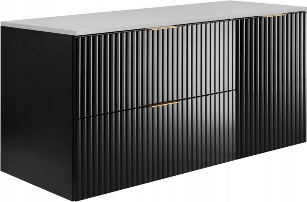 Rodan | Badezimmerschränke 120cm | Schwarz Matt - Holz | B/H/T 120/57/46 cm | Geriffelte Türen - Weiße Platte - Badmöbel - Badschrank