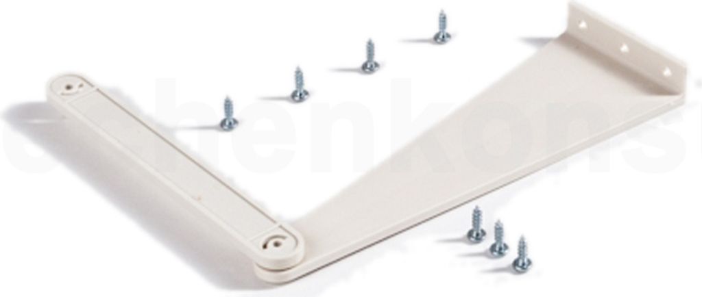 A white plastic bracket with screws on a white background.