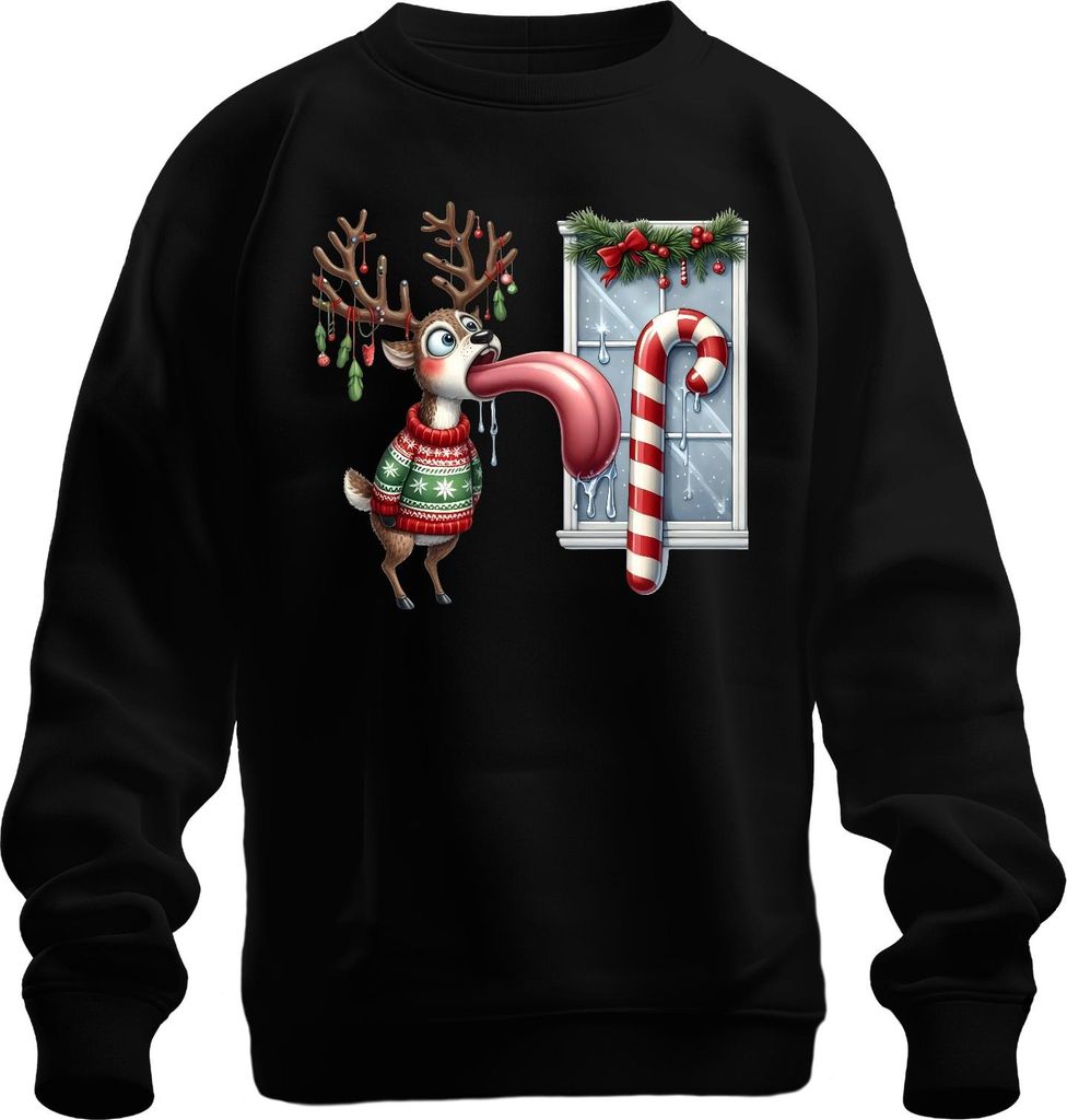 Weihnachtsrentier lange Zunge Zuckerstange lustig Eiszapfen ugly Uni Sweatshirt Pullover, Schwarz, L