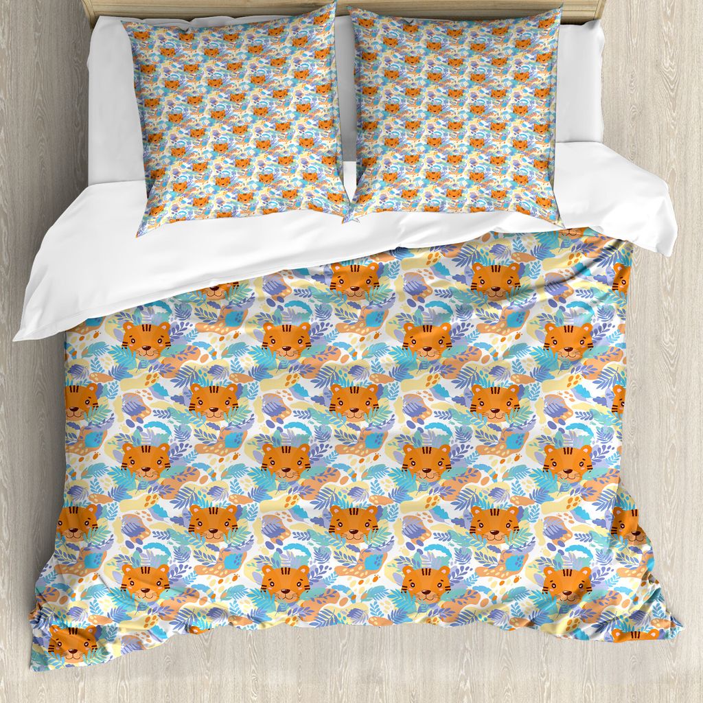 ABAKUHAUS Karikatur Bettbezug Set für Einzelbetten, Tiger und belaubte Zweige, Milbensicher Allergiker geeignet mit Kissenbezug, 200 cm x 200 cm -...
