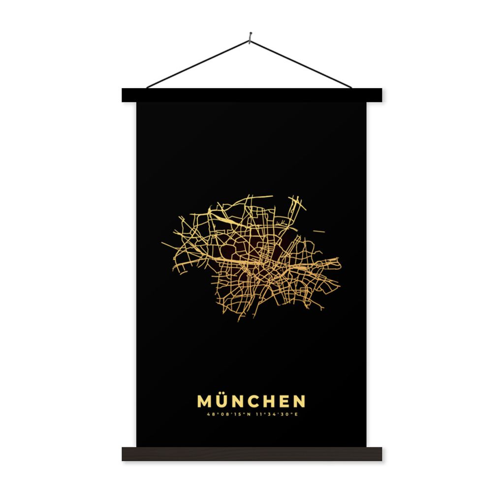 MuchoWow Textilposter München - Karte - Gold - Stadtplan 40x60 cm mit schwarzem Rahmen - Wanddekorationen