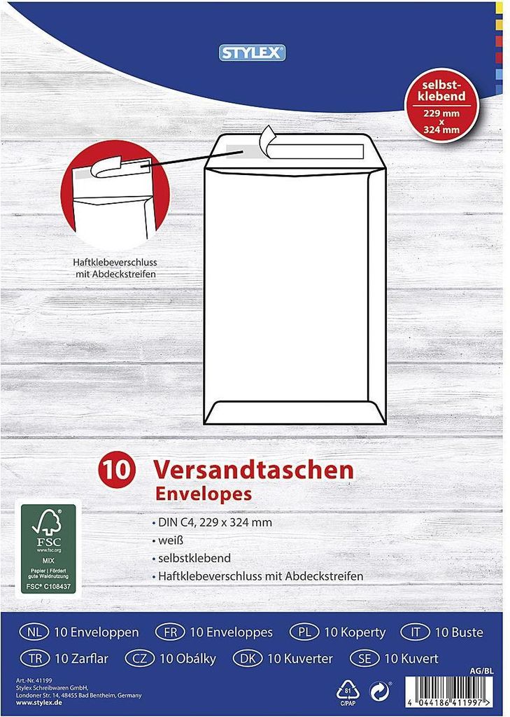 Obálky Stylex, DIN C4 - bílé, 10 kusů Obrázek produktu 