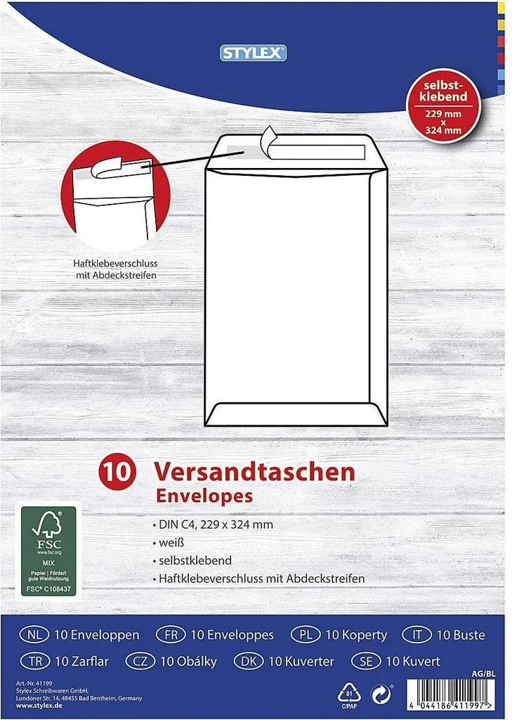 Pochettes d'expédition Stylex DIN C4 blanches lot de 10 plis de qualité
