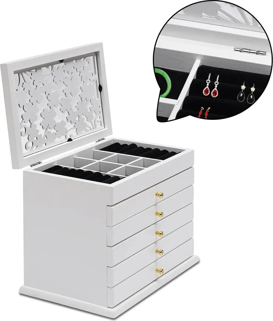 Coffret à bijoux en bois blanc à 6 niveaux et 5 tiroirs spacieux - 31cm