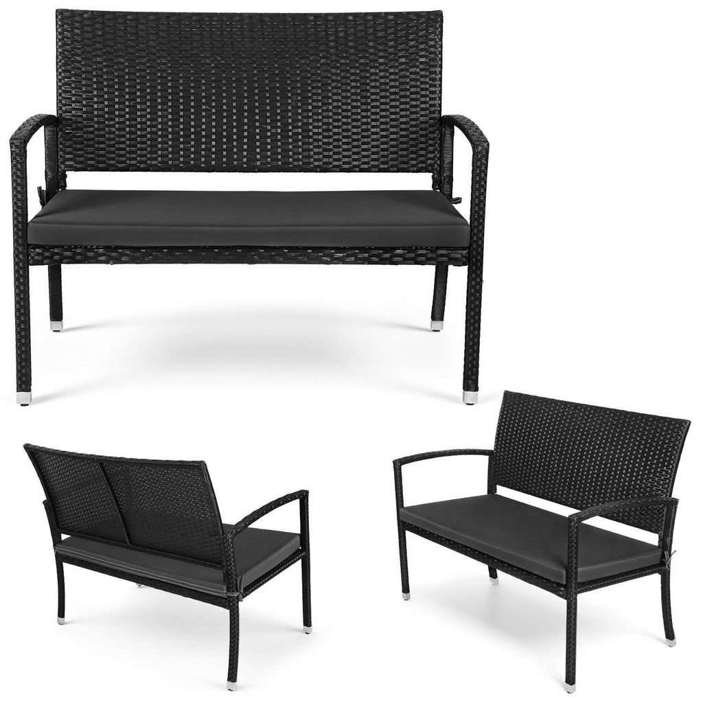 Vigevee Gartenbank 2 Personen Schwarz Rattan-Optik mit Polster, Sitzbank für Balkon Terrasse Garten