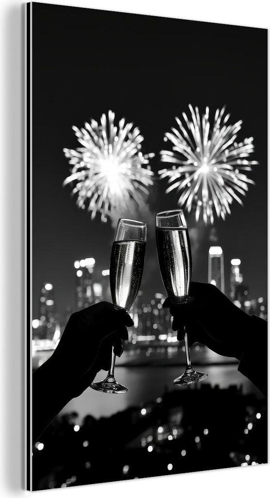 MuchoWow Wanddekoration Metall Metallbild Wandkunst 40x60 cm Feuerwerk - Prost - Skyline - Champagner MuchoWow Aluminium Gemälde - Wanddekoration ...