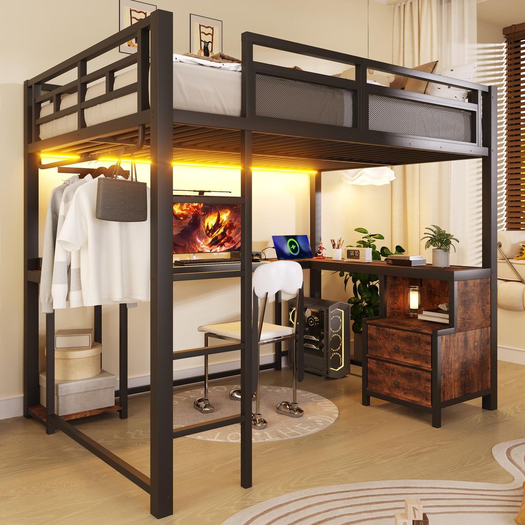 Merax Metall Hochbett 140x200 cm, Etagenbett mit Schreibtisch, LED-Beleuchtung, USB-Ladestation, Ablagefächern & Kleiderstange, Kinderbett, Schwarz