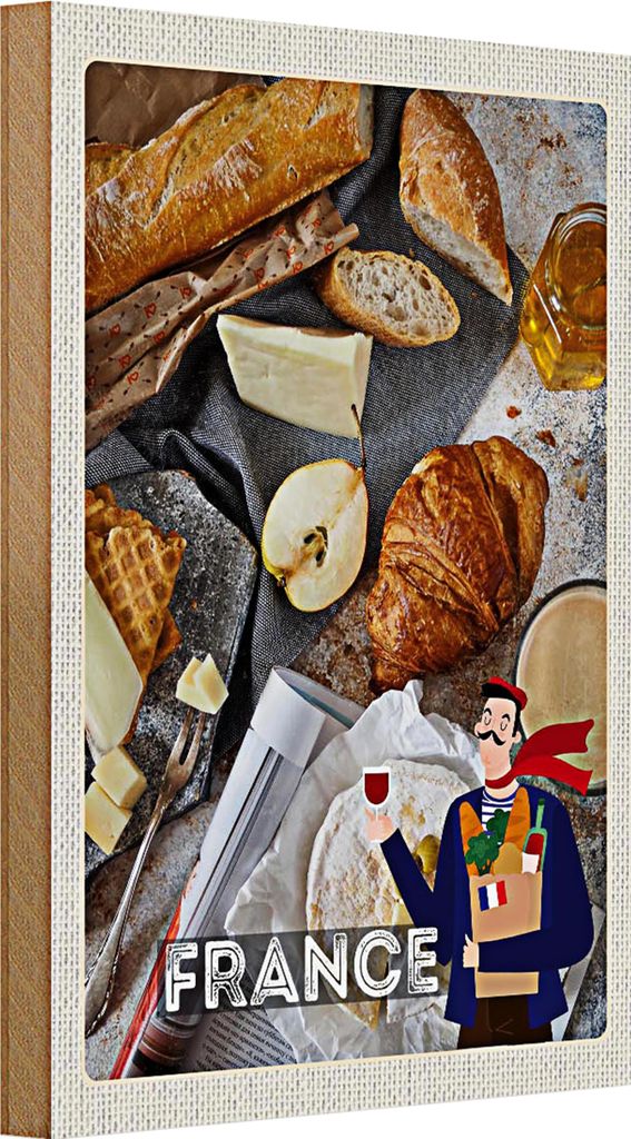 Holzschild Reise 20x30cm Frankreich Camembert Croissant Birne