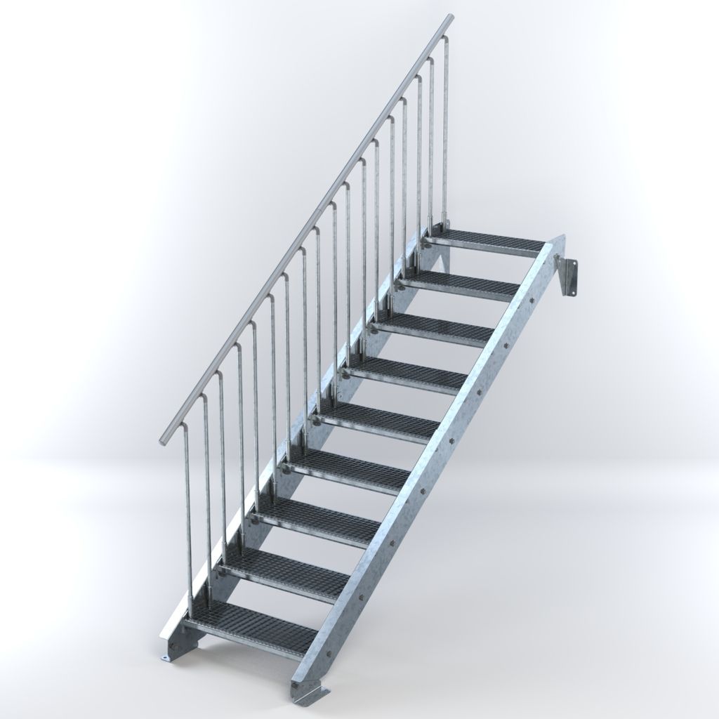 Stahltreppe 9 Stufen bis Höhe 180 cm, Laufbreite : 70 cm Geländer links ST 1 (31 / 31 mm)