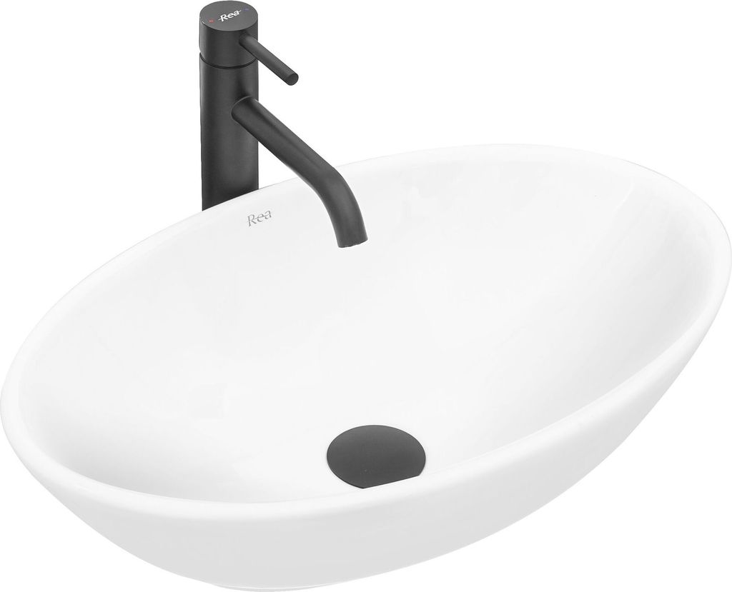 A white oval basin with a black faucet.