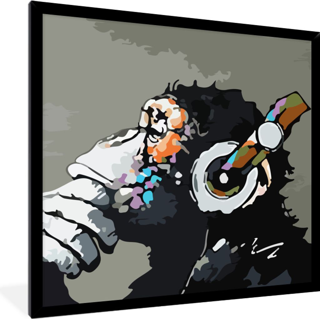 MuchoWow Gerahmtes Poster Gemälde - Ölgemälde - Affe - Kopfhörer 40x40 cm - Poster mit Schwarzem Bilderrahmen Wandposter Rahmen Foto Bilder -...