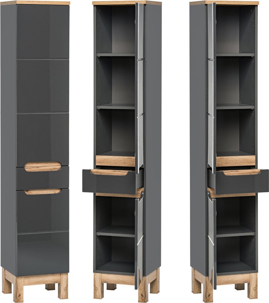 Badezimmer Hochschrank SOLNA-56 inkl. Standfüßen, Hochglanz grau, B x H x T ca. 35 x 187 x 33cm